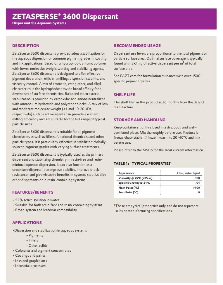 ZetaSperse 3600(圖1) ZetaSperse 3600高效能、通用型超分散劑(圖1)